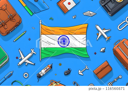 India travel map with flag pin. 2D illustration style. 116560871