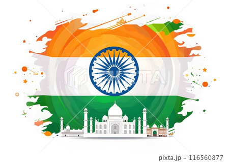 Taj Mahal, with India flag in 2D flat illustration style. 116560877