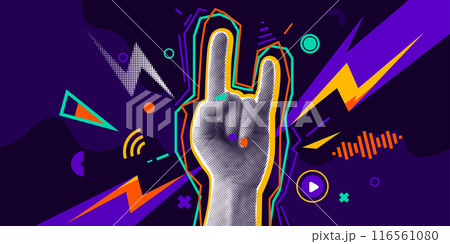 Music collage banner vector illustration. Halftone effect hand with gesture rock, color sound sign elements. Two fingers up, cool retro techno poster. Visual audio abstract concept on dark background Music collage banner vector illustration. Halftone effect hand with gesture rock, color sound sign elements. Two fingers up, cool retro techno poster. Visual audio abstract concept on dark background 116561080