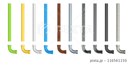 Set of multi color or shades of metal pipes and joints isolated 116561150