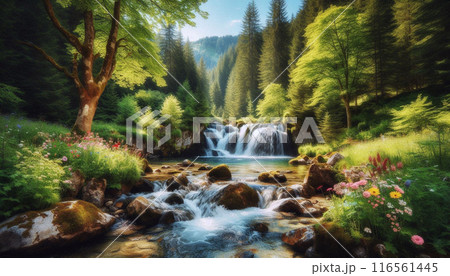 A waterfall in the peaceful creak in the spring forest 116561445