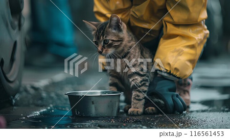 Cute kitten sits outdoors in the rain, next to a woman, both enjoying the wet weather together 116561453
