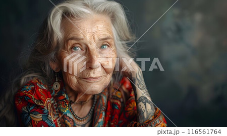 Cheerful senior adult woman with gray hair, smiling and looking at the camera, showcasing the beauty and confidence of aging 116561764