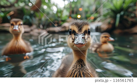 Cute duckling by the pond, outdoors in nature, with yellow feathers and a small beak, enjoying a sunny day 116561765