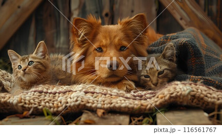Cute kitten and puppy lie together outdoors, showcasing their fluffy fur and playful nature, enjoying their friendship Cute kitten and puppy lie together outdoors, showcasing their fluffy fur and playful nature, enjoying their friendship 116561767