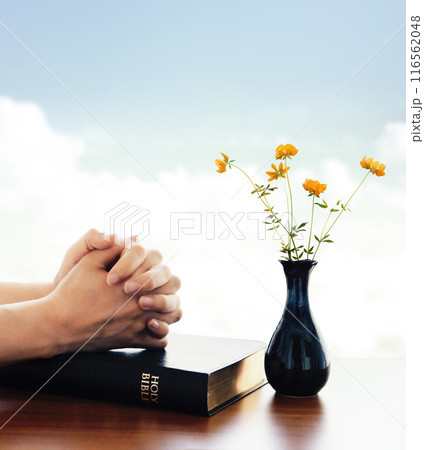 Christian meditating, praying and worshiping with both hands together, flowers and holy Bible background Christian meditating, praying and worshiping with both hands together, flowers and holy Bible background 116562048