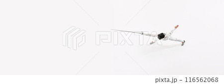 Banner. Aerial view of fencer training in motion his attacking skills against white studio background with negative space to insert text. Banner. Aerial view of fencer training in motion his attacking skills against white studio background with negative space to insert text. 116562068
