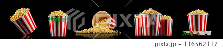 Scattered popcorn from paper striped bucket isolated on black background 116562117
