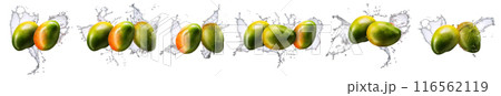 Group of fruits with water splash like mango fruit isolated on white background Group of fruits with water splash like mango fruit isolated on white background 116562119