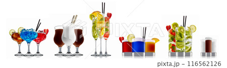 Set of cocktails with decoration from fruits isolated on white background Set of cocktails with decoration from fruits isolated on white background 116562126