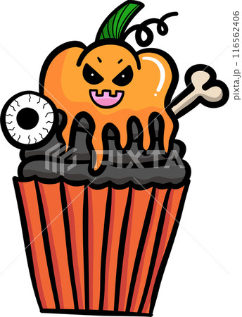 Evil pumpkin cupcake in Halloween illustration 116562406