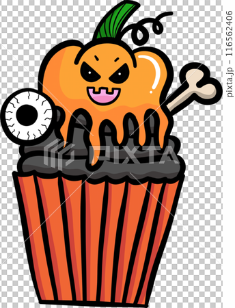Evil pumpkin cupcake in Halloween illustration 116562406