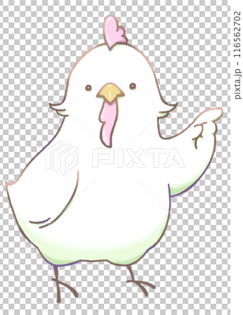 右方向に指を向けるニワトリ(さくら色) 116562702