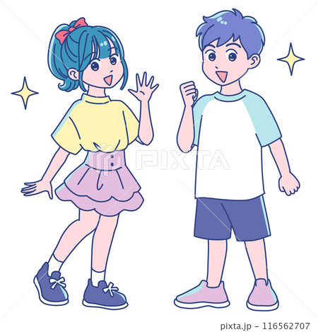 元気にガッツポーズする小学生女子と男子 元気にガッツポーズする小学生女子と男子 116562707