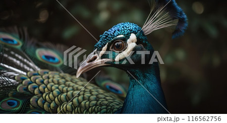 Close up photo of Peacock bird on forest background. Generative AI 116562756
