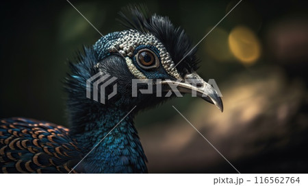Close up photo of Peafowl bird on forest background. Generative AI 116562764