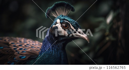 Close up photo of Peafowl bird on forest background. Generative AI 116562765