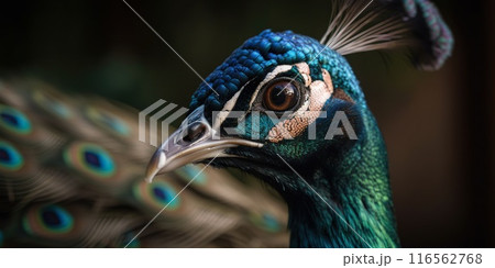 Close up photo of Peacock bird on forest background. Generative AI 116562768