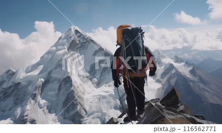 Explorer stand in front of high mountain peak winter snowy landscape. Generative AI Explorer stand in front of high mountain peak winter snowy landscape. Generative AI 116562771