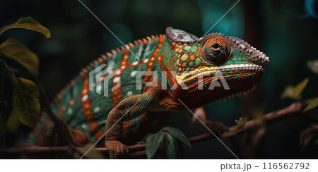 Colorful chameleon isolated on leaves background. Lizard on the green leaves. Generative AI Colorful chameleon isolated on leaves background. Lizard on the green leaves. Generative AI 116562792