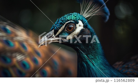 Close up photo of Peafowl bird on forest background. Generative AI 116562809