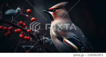 A Bohemian Waxwing bird stands on a tree branch. Generative AI 116562951