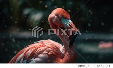 Pink flamingo close up standing with forest background. Generative AI 116562984