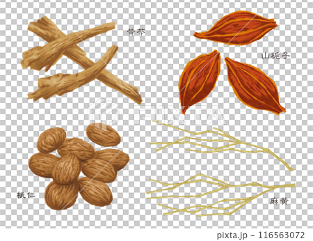 Chinese herbal medicine, 4 types of herbs (Scutellaria, Gardenia fructus, Peach kernel, Ephedra) 116563072