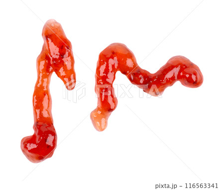 Strawberry thick jam drizzle, isolated on white background. Strawberry marmalade, sauce, topping drops. Top view. 116563341
