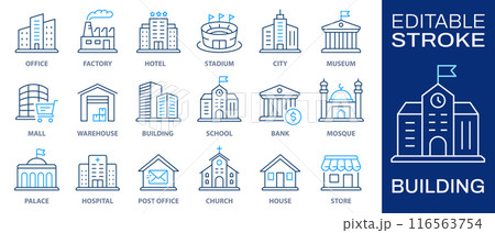 Building icon set. Collection of house, home, store, office, apartment and more. Vector illustration isolated on white. Editable stroke. 116563754