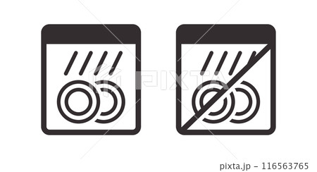 Icons indicating items that can and cannot be washed in a dishwasher, useful for labeling dishes. Vector illustration. 116563765