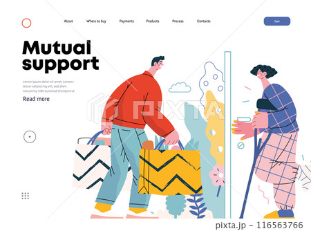 Mutual Support Buying groceries for ill neighbor -modern flat vector concept illustration of man carrying shopping bags for woman on crutches Metaphor of voluntary, collaborative exchanges of services 116563766