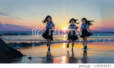 夕日の海で遊ぶ女子高生達 116563812