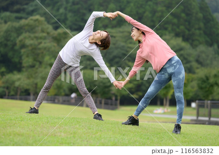 ストレッチ体操をする二人の女性 116563832