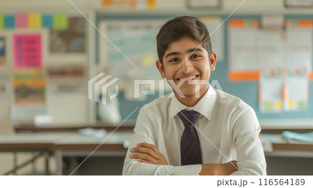 Pakistani High School Male Student in Classroom, Education Success, Youth, Diversity, Learning Environment, Stock Photo 116564189