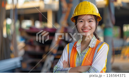 Confident Young Thai Female Construction Worker in Safety Gear and Hard Hat at Job Site Outdoors 116564371