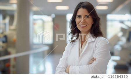 Professional Greek Female Doctor Smiling Warmly in Modern Medical Facility for Healthcare, Wellness, Professional Use 116564539