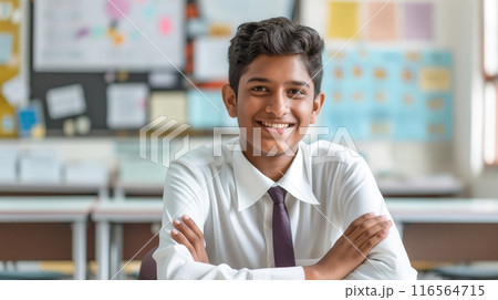 Smiling High School Boy in Classroom, Education and Learning Environment, Academic Success, Classroom Setting, Student Focused Smiling High School Boy in Classroom, Education and Learning Environment, Academic Success, Classroom Setting, Student Focused 116564715
