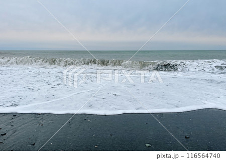 Beautiful sea beach with black sand and cloudy sky. Weather background 116564740