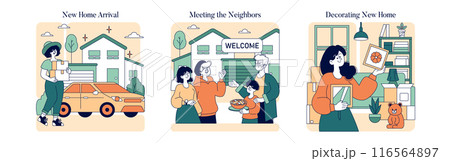 Moving Out set. Arrival at a new home, meeting the neighbors, and interior decorating. Transition to a new beginning, community welcome, making a space your own. Vector illustration. Moving Out set. Arrival at a new home, meeting the neighbors, and interior decorating. Transition to a new beginning, community welcome, making a space your own. Vector illustration. 116564897
