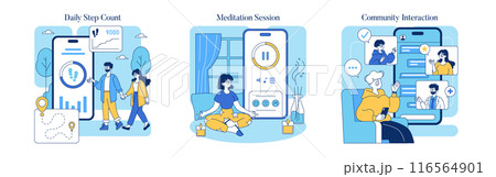 Health Apps set. Tracking daily activity, facilitating meditation, and fostering community support. Wellness technology engagement. Vector illustration. Health Apps set. Tracking daily activity, facilitating meditation, and fostering community support. Wellness technology engagement. Vector illustration. 116564901