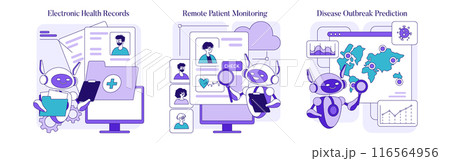 AI in Medicine set. Digitized healthcare with robots managing patient data, monitoring health, and predicting epidemics. Seamless integrated medical technology. Vector illustration. AI in Medicine set. Digitized healthcare with robots managing patient data, monitoring health, and predicting epidemics. Seamless integrated medical technology. Vector illustration. 116564956