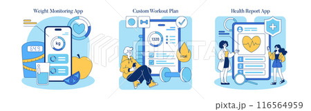 Health Apps set. Digital tools for wellness tracking, workout customization, and medical reporting. Interactive mobile interfaces with user-friendly designs. Vector illustration. 116564959