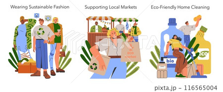 Sustainability Lifestyle set. Conscious choices from fashion to cleaning. Recycled clothing, local produce, and bio cleaning agents promote eco-friendly habits. Vector illustration. Sustainability Lifestyle set. Conscious choices from fashion to cleaning. Recycled clothing, local produce, and bio cleaning agents promote eco-friendly habits. Vector illustration. 116565004