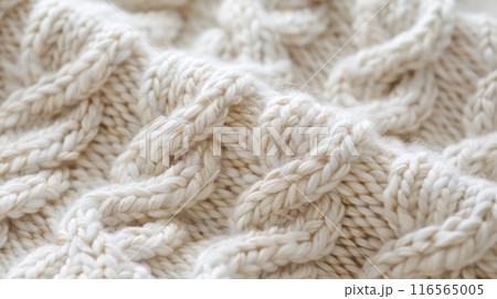 Detailed Close-Up of Beige Knit Wool Fabric, Ideal for Textural Design, Warm Apparel, and Cozy Home Decor 116565005