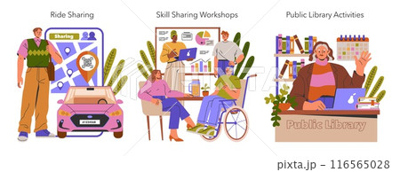 Illustration of community engagement activities: ride sharing, skill sharing workshops, and public library events. 116565028