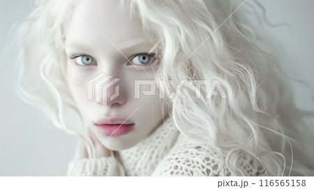 Close Up Portrait of Young Woman With Albinism and White Hair Close Up Portrait of Young Woman With Albinism and White Hair 116565158