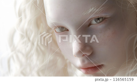 Close Up Portrait of a Young Woman With Albinism and Blonde Curly Hair 116565159