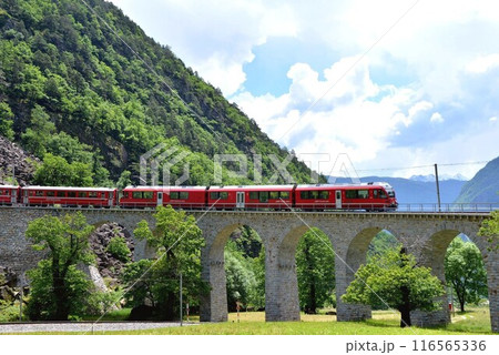 オープンループをひと回り、低い線路に向かうベルニナ線列車 オープンループをひと回り、低い線路に向かうベルニナ線列車 116565336