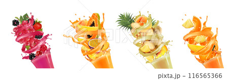Set of labels with fruit in juice and smoothie splashes. Strawberry, pineapple, pumpkin, peach, raspberry, blackberry, cherry, ginger, grape, papay. Vector. Set of labels with fruit in juice and smoothie splashes. Strawberry, pineapple, pumpkin, peach, raspberry, blackberry, cherry, ginger, grape, papay. Vector. 116565366